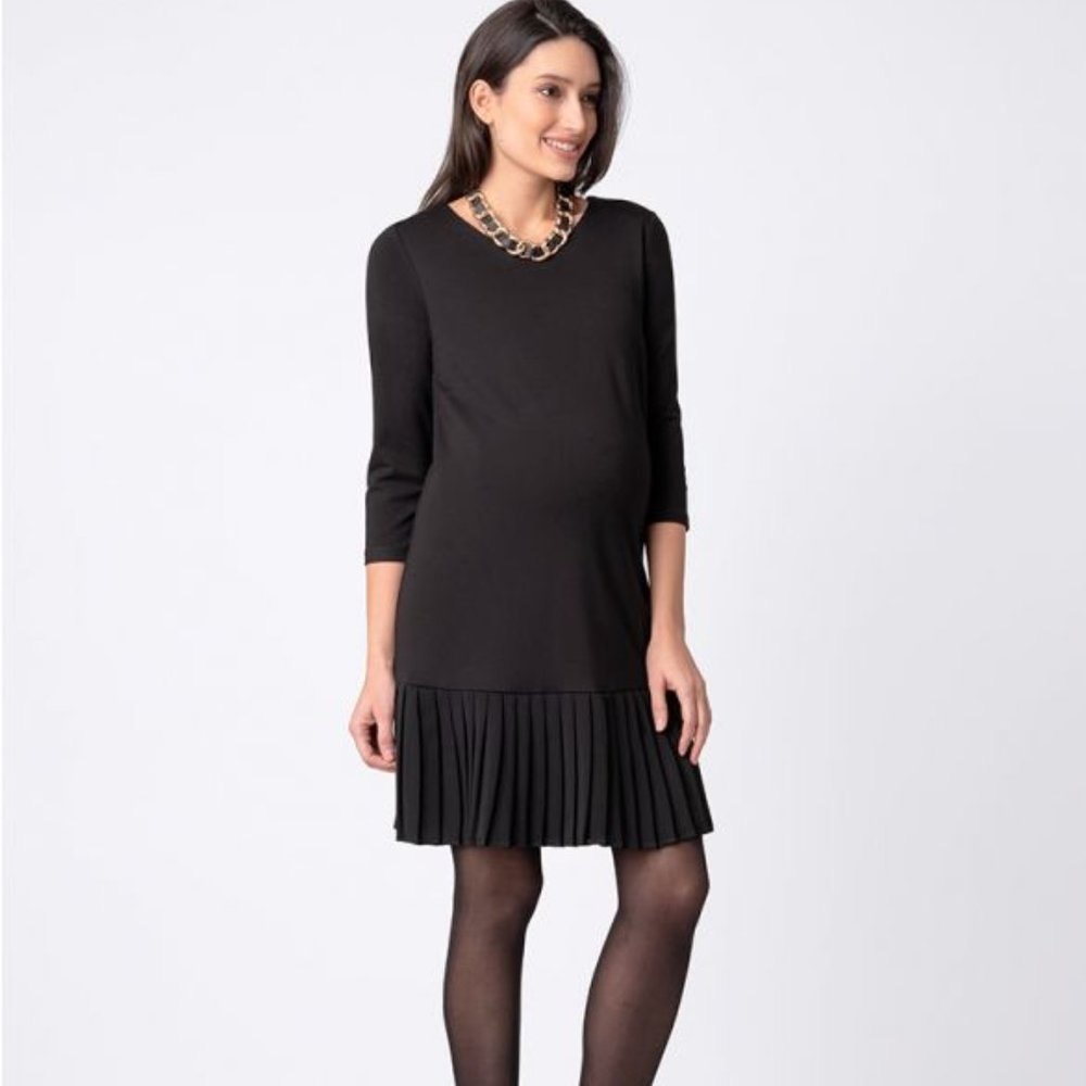 Black Maternity Dress with Pleated Detail
